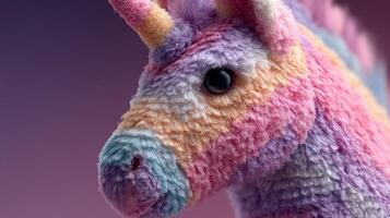 Soft and colorful stuffed unicorn toy with intricate details on exhibit in a cozy setting photo