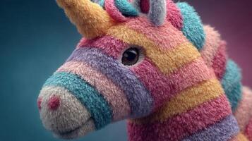 Colorful plush unicorn with vibrant stripes in a playful setting photo