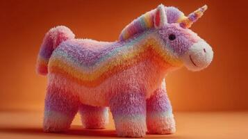 Colorful plush unicorn toy displayed against a vibrant orange backdrop showcasing its soft fur and whimsical design during daylight photo