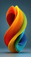 Abstract colorful sculpture twisting dynamically in vibrant hues of orange, green, blue and yellow in a minimalistic setting photo