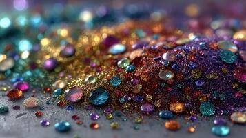 Shimmering collection of colorful gems and glitters spread across a surface under bright light photo