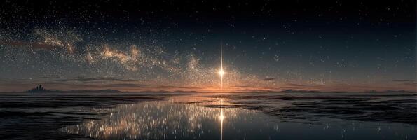 Stunning night sky over a tranquil lake with a reflection of stars and a brilliant light at dawn photo