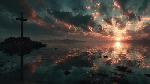 Sunset over calm water with a cross silhouetted against the vibrant sky in a serene setting photo