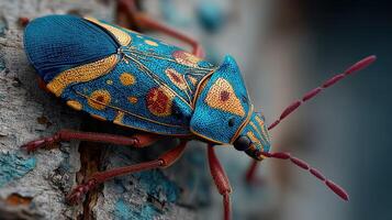 Colorful insect perched on textured surface in nature highlighting intricate details and vibrant colors photo
