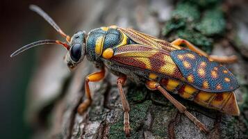Close-up view of a colorful insect on tree bark in a natural setting during daylight hours photo
