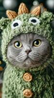 Cute gray cat dressed in a green knitted costume with eyes and horns in cozy indoor setting photo