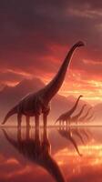 Dinosaurs roam a serene landscape at sunset with reflections on a calm lake photo