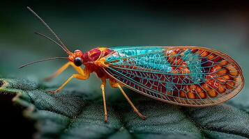 Colorful insect resting on a leaf in a lush environment showcasing intricate patterns and vibrant colors photo