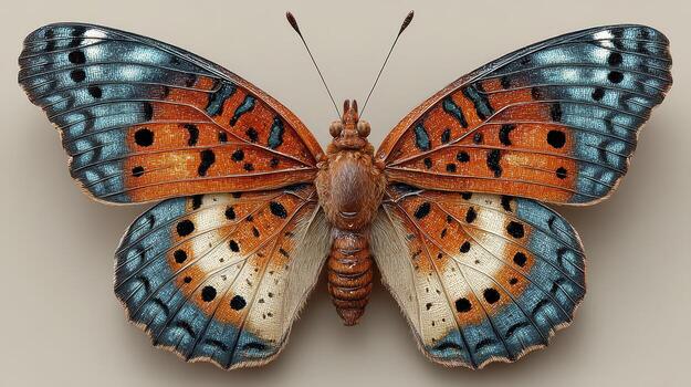 Vivid butterfly showcasing striking orange and blue wings while resting on a neutral background during daylight photo