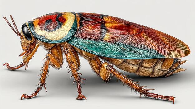 Detailed close-up of a colorful insect showcasing intricate patterns and textures on its body in a neutral background photo