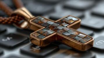 Unique design of a golden cross pendant resting on a keyboard showcases craftsmanship and modern technology intersection photo