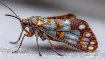Colorful moth perched on a soft surface showcasing intricate wing patterns in close-up photo