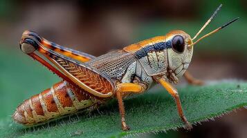 Close-up of an orange and black grasshopper resting on a green leaf in a natural habitat during daylight hours photo