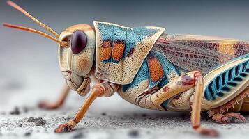 Detailed close-up of a colorful grasshopper showcasing intricate textures and patterns in a natural habitat setting photo