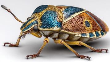 Brightly colored beetle with detailed textures found in a tropical rainforest habitat during daytime photo