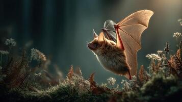 Bat in a forest setting during twilight showcasing its wings and surroundings photo