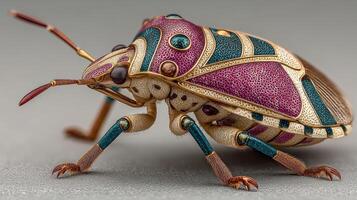 Colorful beetle displays intricate patterns while perched on a surface during daylight in a controlled environment photo