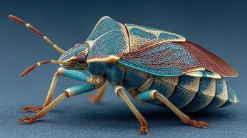 Vibrant blue insect with intricate patterns exploring its surroundings in macro view photo