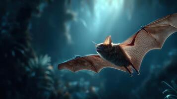 Nighttime flight of a bat in a mystical forest setting under dim light photo