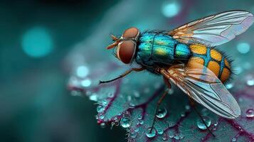 Colorful insect resting on a leaf covered in dew, highlighting nature's intricate details during early morning hours photo