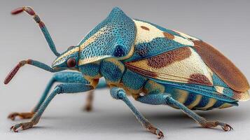 Vibrant blue and yellow insect with a unique pattern on a neutral background captured up close photo
