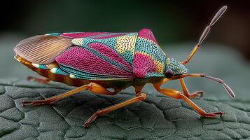 Colorful bug perched on a leaf showcasing vibrant patterns in nature's intricate designs during daylight photo