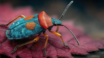 Colorful bug resting on a leaf in a natural setting, showcasing vivid details and textures photo