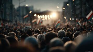 Crowd gathers for a rally at sunset in a city center, waving flags and expressing solidarity for a cause photo