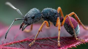 Detailed close-up of a colorful ant on a vibrant leaf during daylight showcasing incredible natural texture and features photo