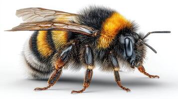Detailed close-up of a bumblebee showcasing its vibrant fur patterns and delicate wings against a white background photo