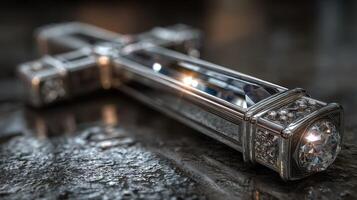 Intricate silver cross with crystal details resting on a dark stone surface, showcasing craftsmanship and elegance photo