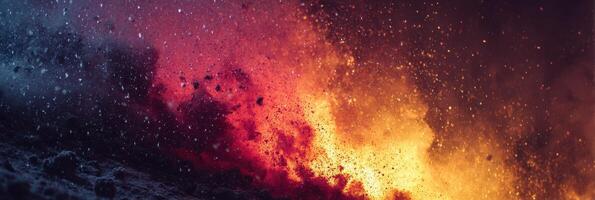Volcanic eruption displays fiery colors and explosive ash clouds at sunset in an otherworldly landscape photo