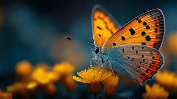 Vibrant orange butterfly perched on a yellow flower in a tranquil garden during sunny daytime photo