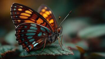 Colorful butterfly resting on a green leaf at dawn in a vibrant garden with soft natural light photo