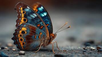 Colorful butterfly rests on the ground in a natural setting during the afternoon light photo