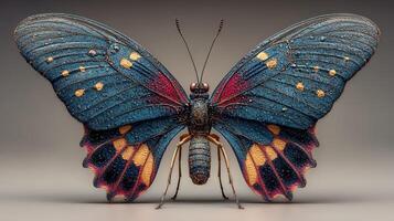 Beautifully detailed blue butterfly with colorful patterns on a plain background photo
