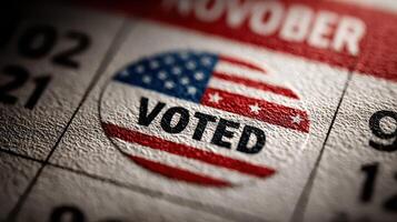 Voting sticker on calendar marks significant civic engagement in the United States during election season photo