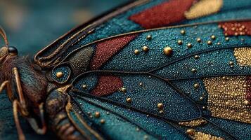 Close-up view of a colorful butterfly showing intricate wing patterns and textures in natural lighting photo