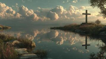 Calm reflection of a cross by a serene lake under a cloudy sky at dusk photo