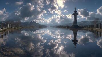 Serene landscape with reflective water and cloudy sky near a monument at sunset in a tranquil setting photo