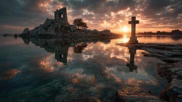 Stunning sunset over ancient ruins and reflective waters near the shore photo