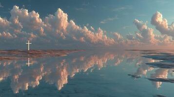 Reflections of a serene sunset over calm waters with a cross standing in solitude at the horizon photo