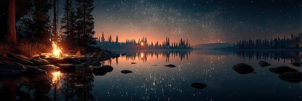 Starlit camping night by a serene lake with a glowing campfire and reflections on the water photo