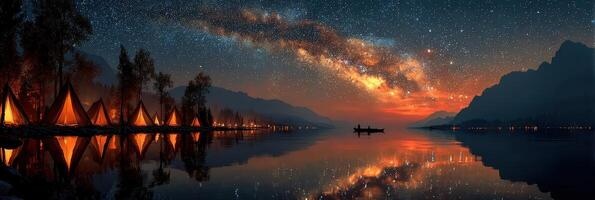 Night sky full of stars reflected in calm water near glowing tents by the river photo