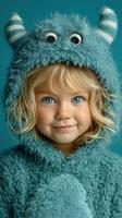 Child wearing a fluffy blue monster costume with a playful expression against a blue background photo
