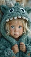 Child in monster hoodie with captivating blue eyes cuddles closely in a cozy setting during a sunny afternoon photo