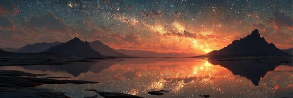 Stunning sunset over tranquil lake with mountain silhouettes and starry sky in the background photo