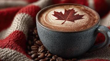Warm beverage with maple leaf design on top, nestled in cozy setting with coffee beans and soft blanket during autumn afternoon photo