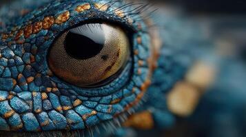 Close-up view of a vibrant blue lizard eye revealing intricate details and textures in natural light photo