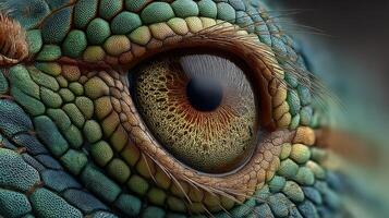 Close-up view of a detailed reptile eye with vibrant colors and intricate patterns under natural light photo